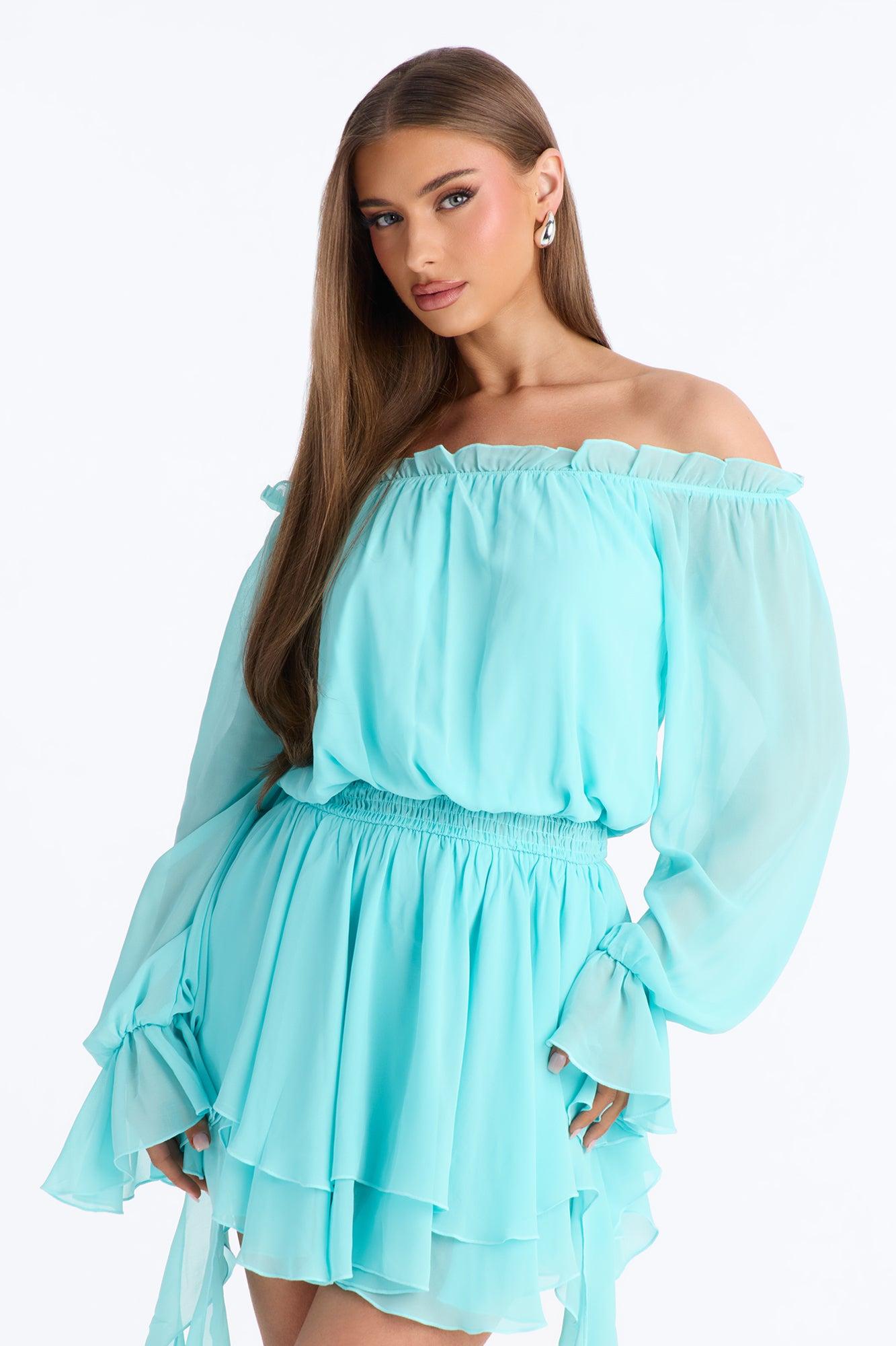 Paulina Ruffle Chiffon Mini Dress - Blue Female Product Image