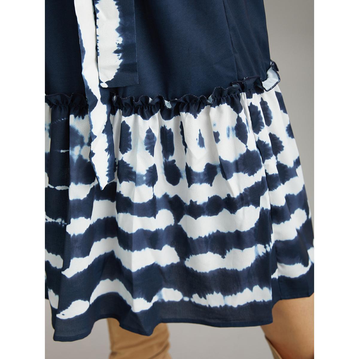 Plus Size Tie Dye Gathered Belted Lantern Sleeve Dress DarkBlue Women Vacation Elastic cuffs Round Neck Elbow-length sleeve Curvy Midi Dress BloomChic 22-24/3X Product Image