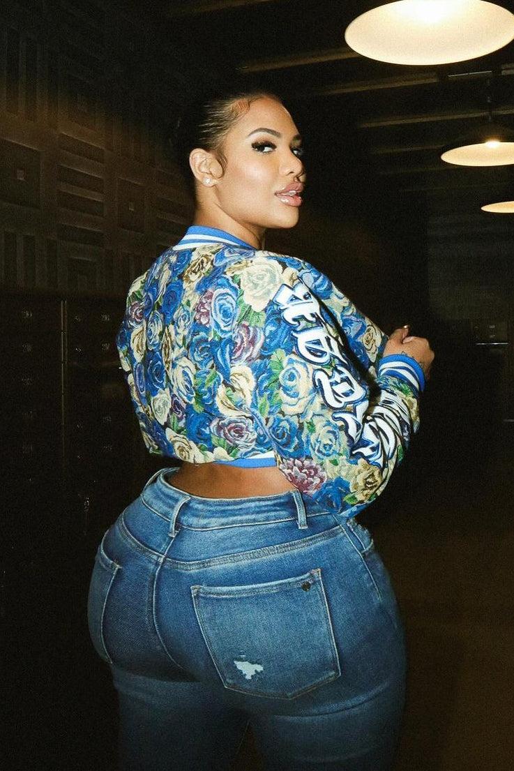 Darresha Blue Crop Tapestry Varsity Jacket Female Product Image