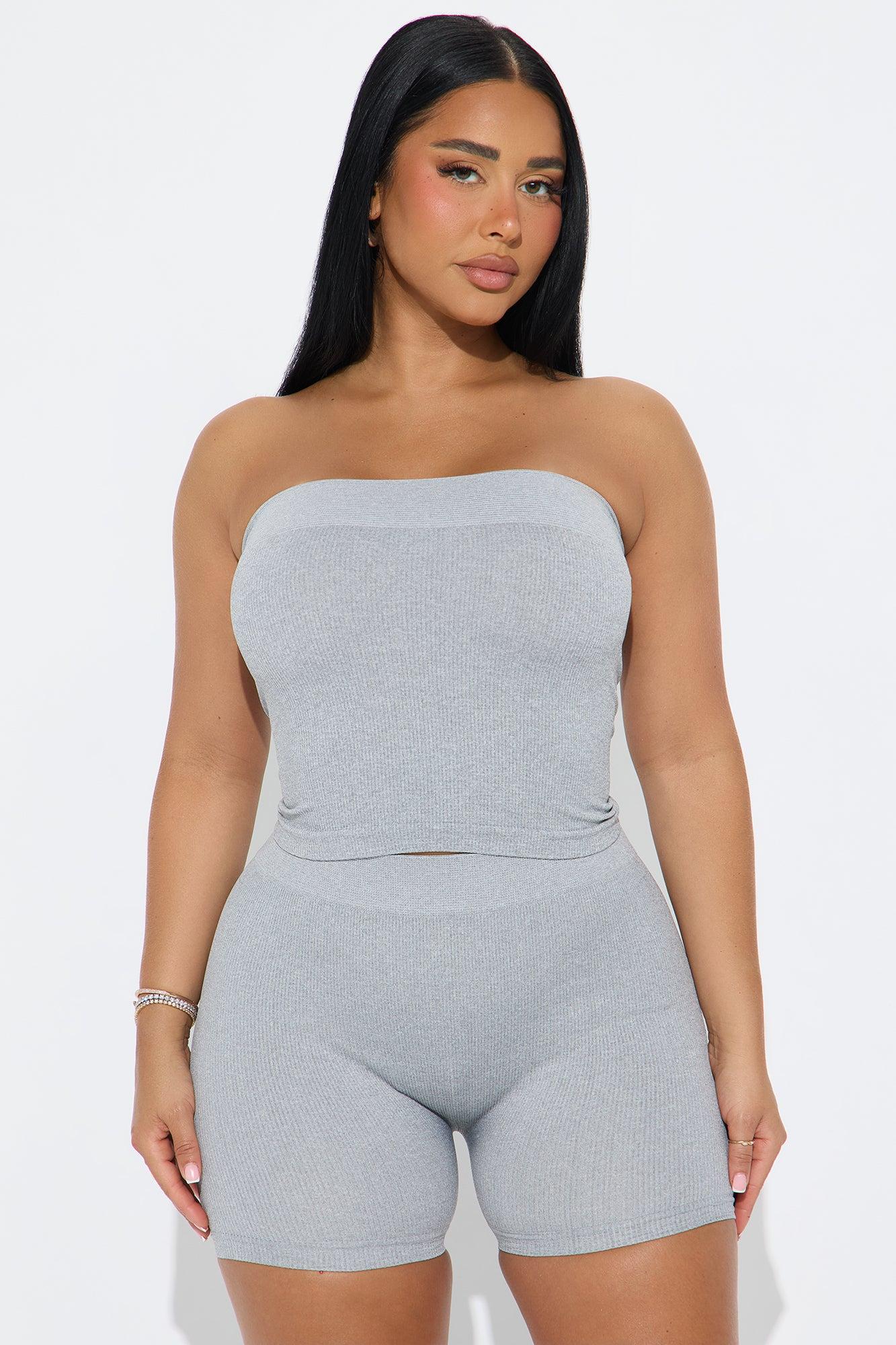 Off Duty Seamless Tube Top Biker Short Set - Light Grey Product Image