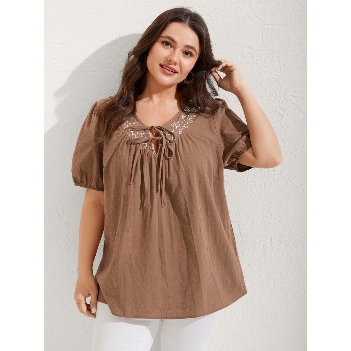 Plus Size Bronze Pure Cotton Embroidered Neck Blouse Women Boho Short sleeve V-neck Vacation Blouses BloomChic 10/M Product Image