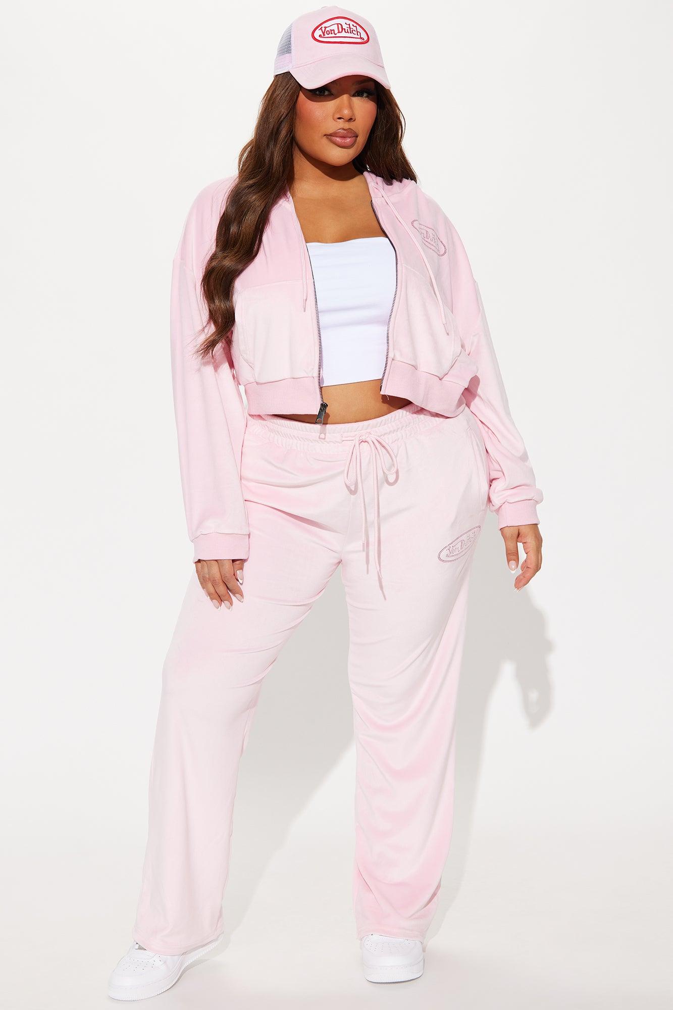 Von Dutch Velour Rhinestone Wide Leg Pant - Pink Product Image