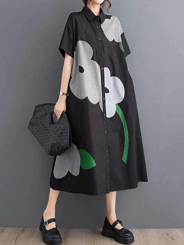 Loose Short Sleeves Buttoned Floral Printed Lapel Collar Midi Dresses Product Image