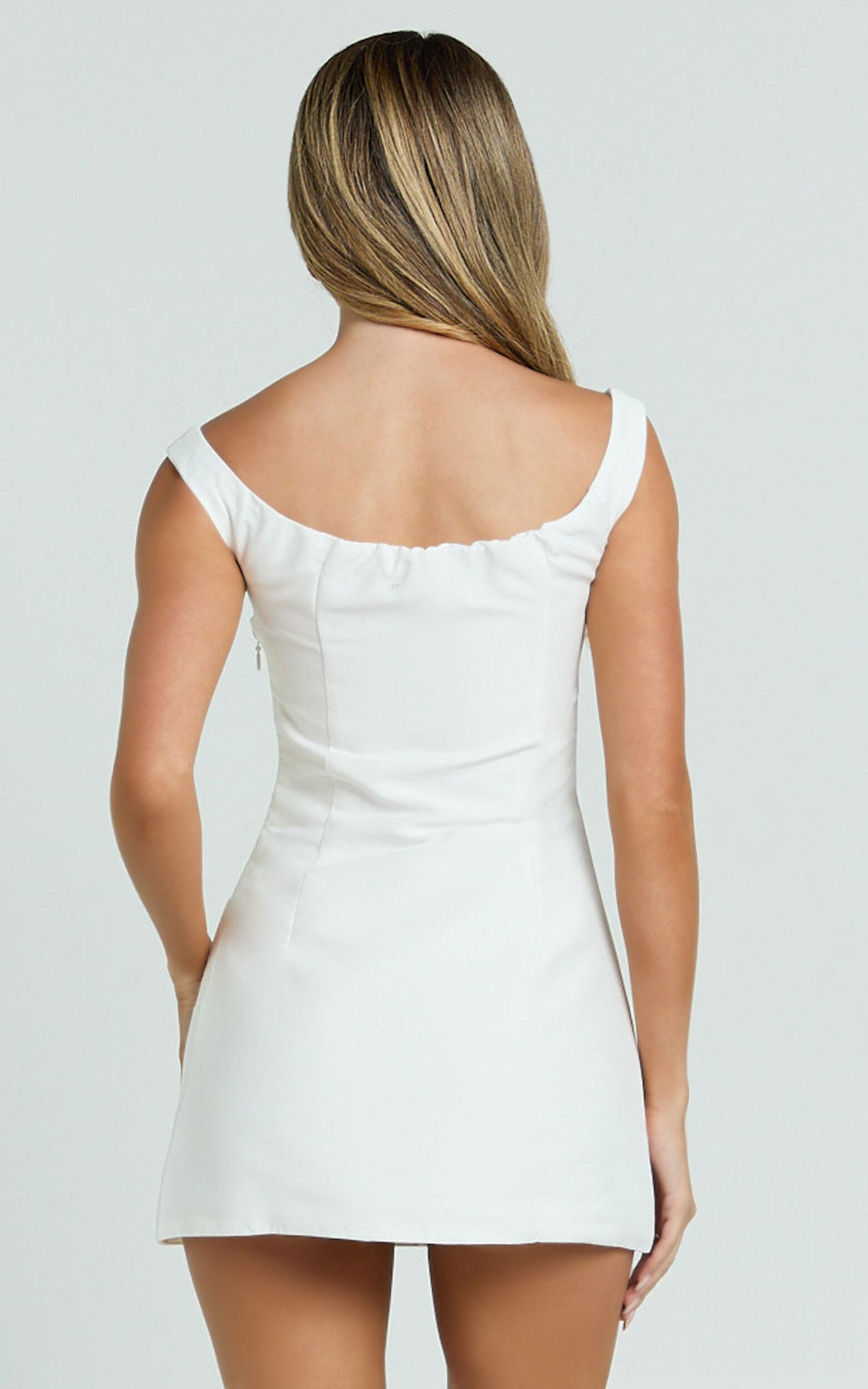 Tanisha Mini Dress - Off Shoulder Draped Waist Dress in White Product Image
