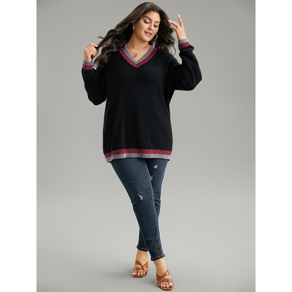 Plus Size Two Tone Trim V Neck Plisse Pullover Black Women Casual Loose Long Sleeve V-neck Dailywear Pullovers BloomChic 14-16/1X Product Image