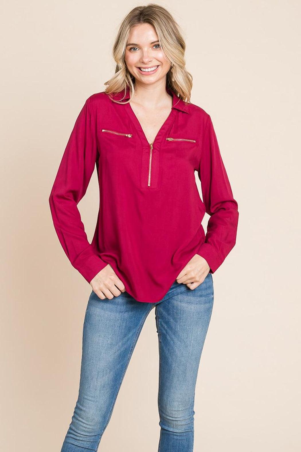 V Neck Front Zip Up Long Sleeve Top Product Image