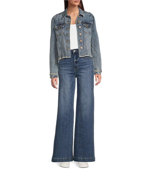 Dear John Roselyn Point Collar Puff Shoulder Long Sleeve Denim Jacket Product Image