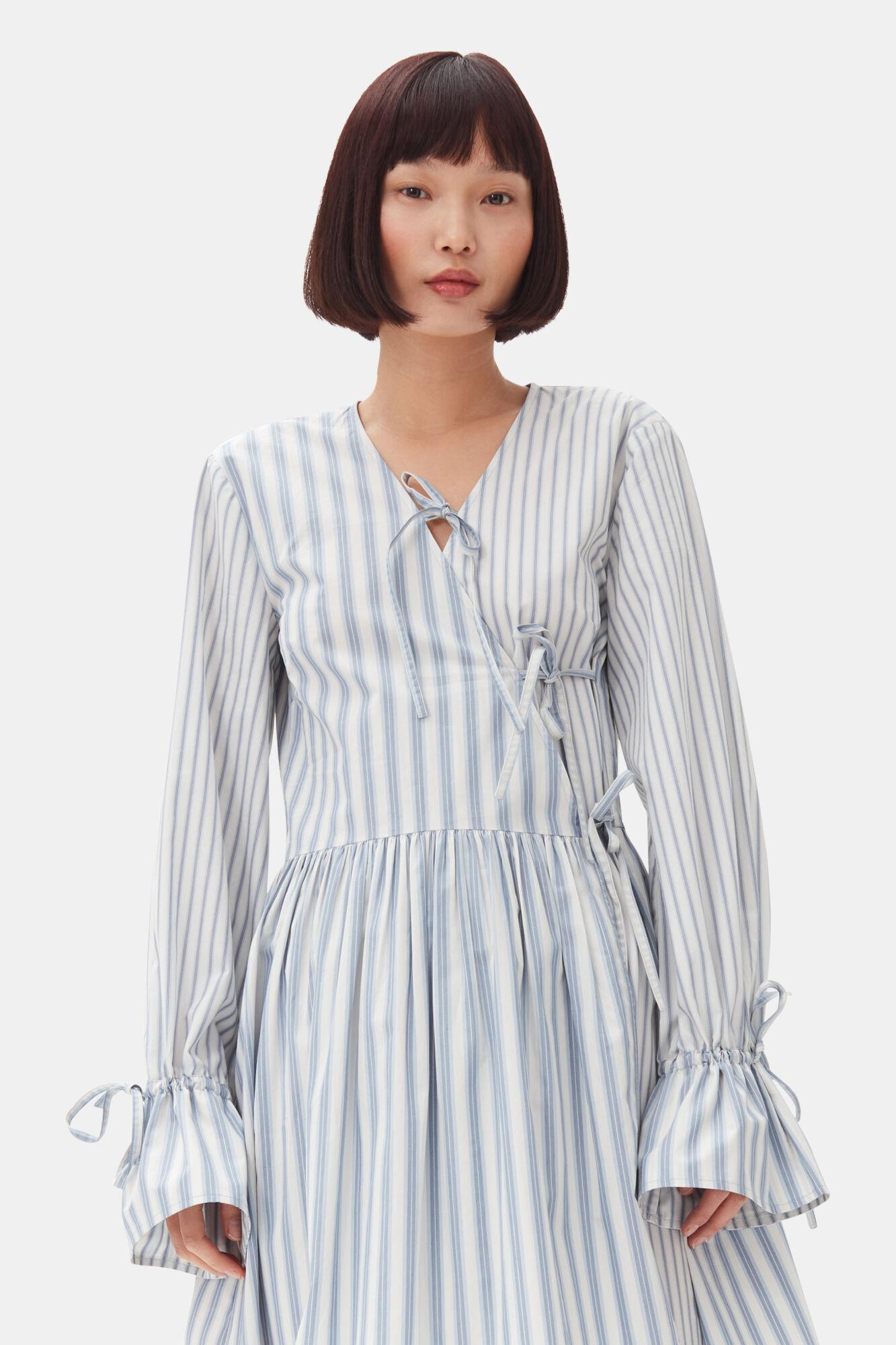 Blue Stripe Cotton Mini Wrap Dress Product Image