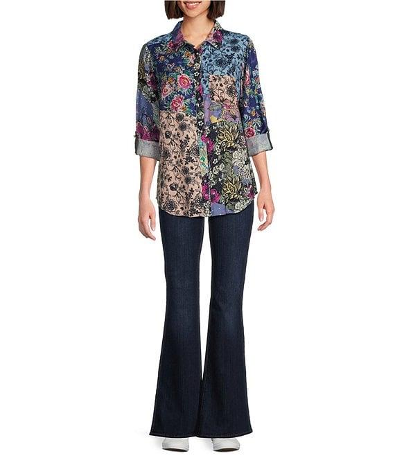 Tru Luxe Jeans Floral Patchwork Print Collared Neck Roll Tab Sleeve Top Product Image
