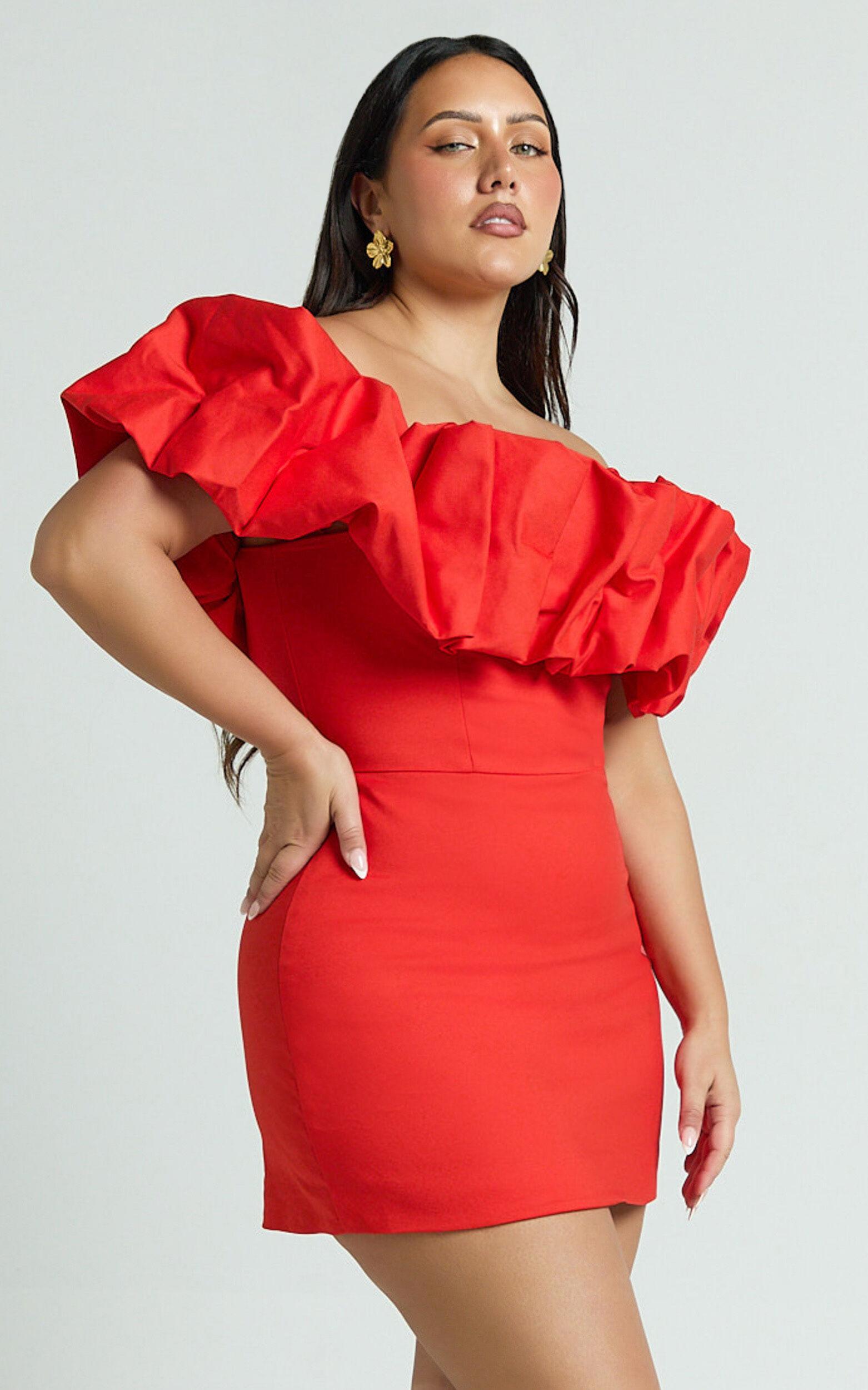 Coraline Mini Dress - Ruffle Off Shoulder Fitted Dress in Red Product Image