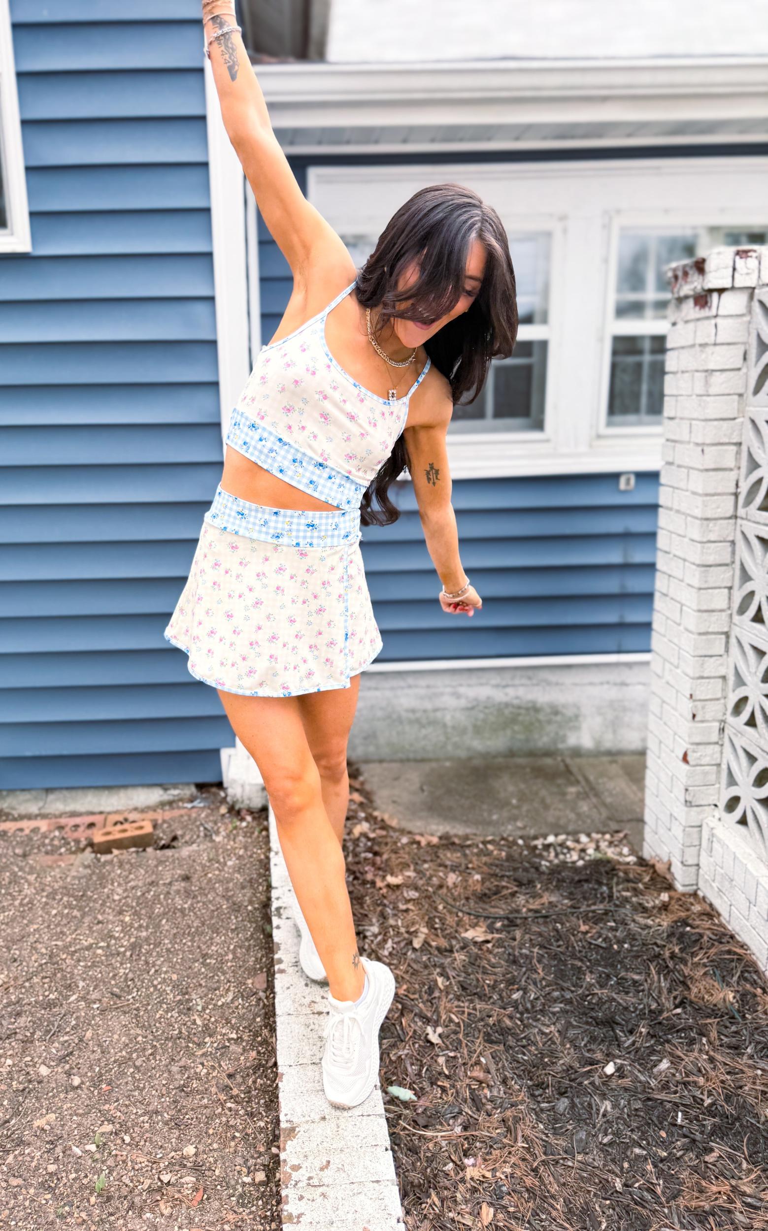 Gingham Floral Print Patchwork Sporty Mini Skort Product Image