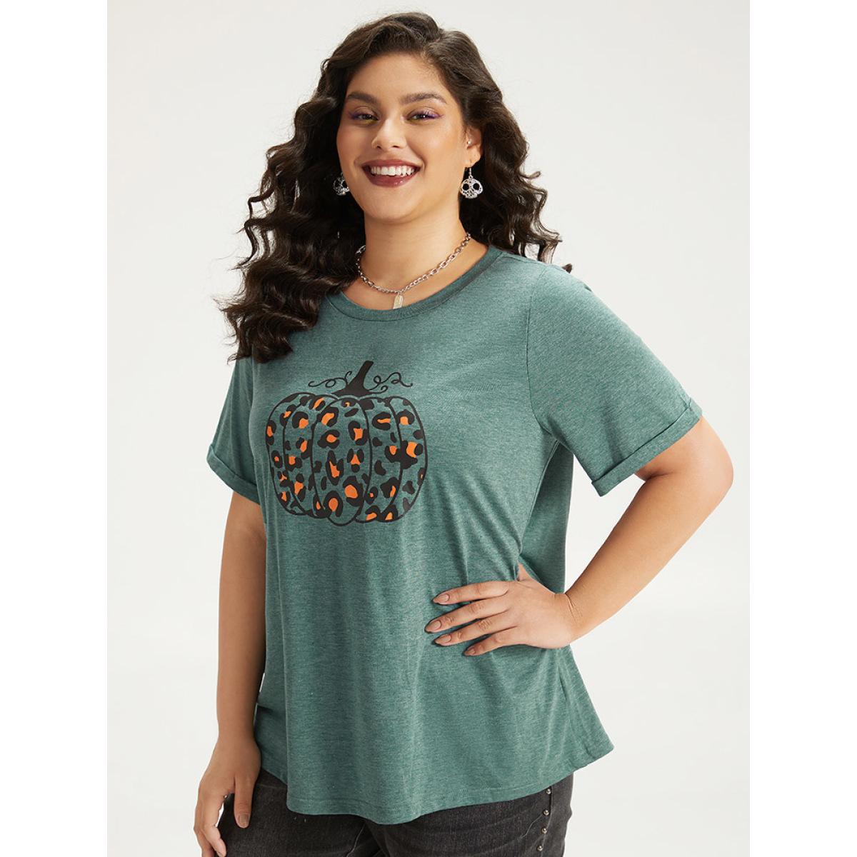 Plus Size Halloween Pumpkin Print Crew Neck T-shirt DarkGreen Women Casual Printed Halloween Dailywear T-shirts BloomChic 12/L Product Image