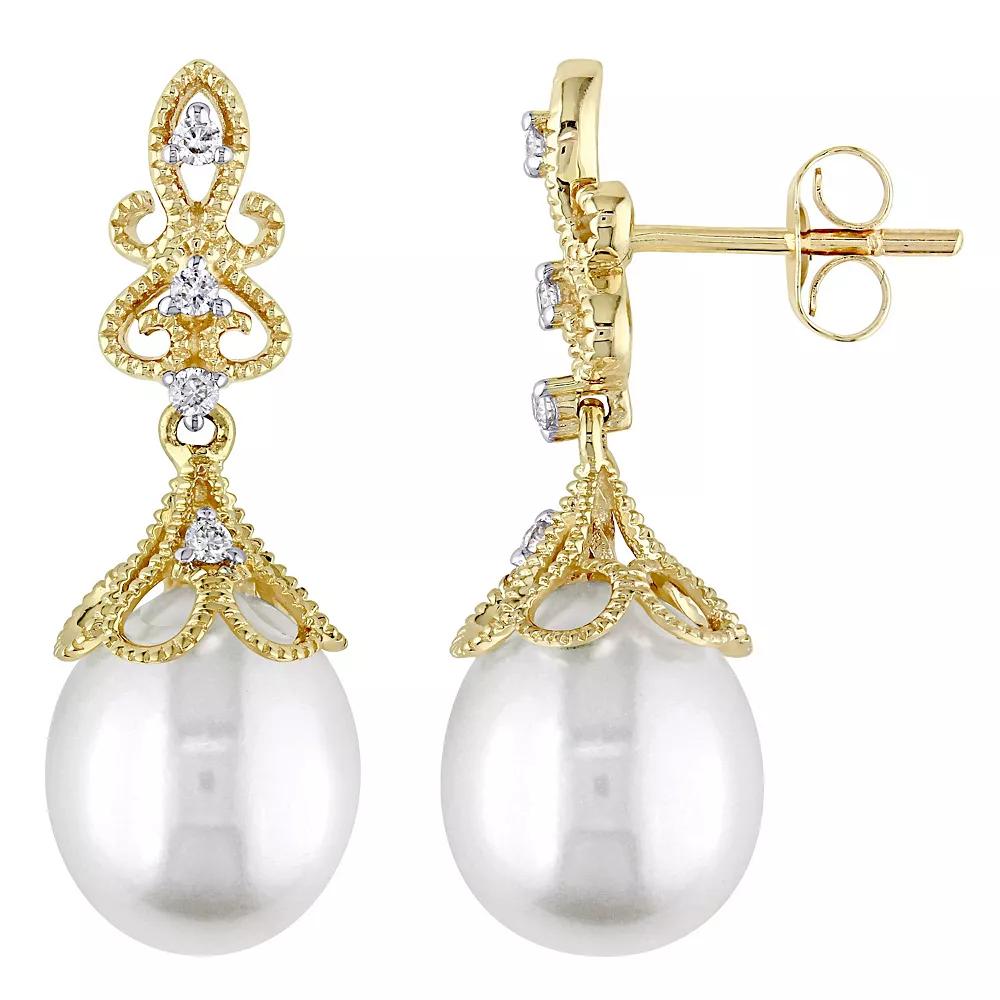 Stella Grace 14k Gold Freshwater Cultured Pearl & 1/10 Carat T.W. Diamond Vintage Drop Earrings, Women's Product Image