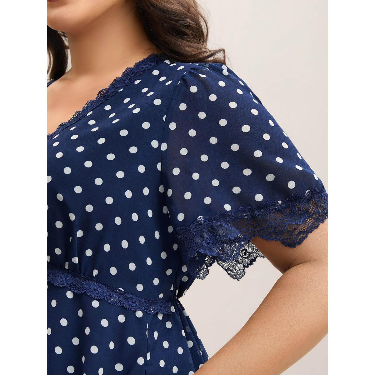Plus Size Chiffon Polka Dot Print Pockets Midi Dress DarkBlue Women Elegant V-neck Short sleeve Curvy BloomChic 14-16/1X Product Image