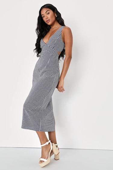 Charming Inspiration Navy Blue Gingham Backless Midi Dress Product Image