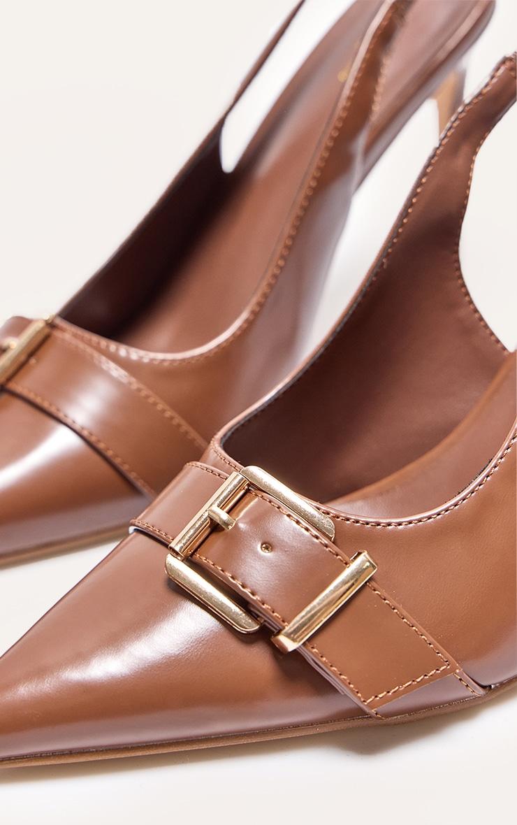 Brown PU Wide Fit Buckle Detail Stiletto High Heel Sling Back Court Heels Product Image