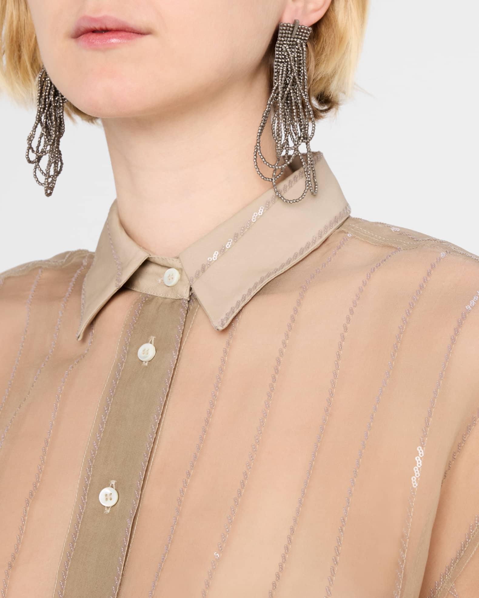Striped Paillette Crispy Silk Chiffon Button-Down Blouse Product Image