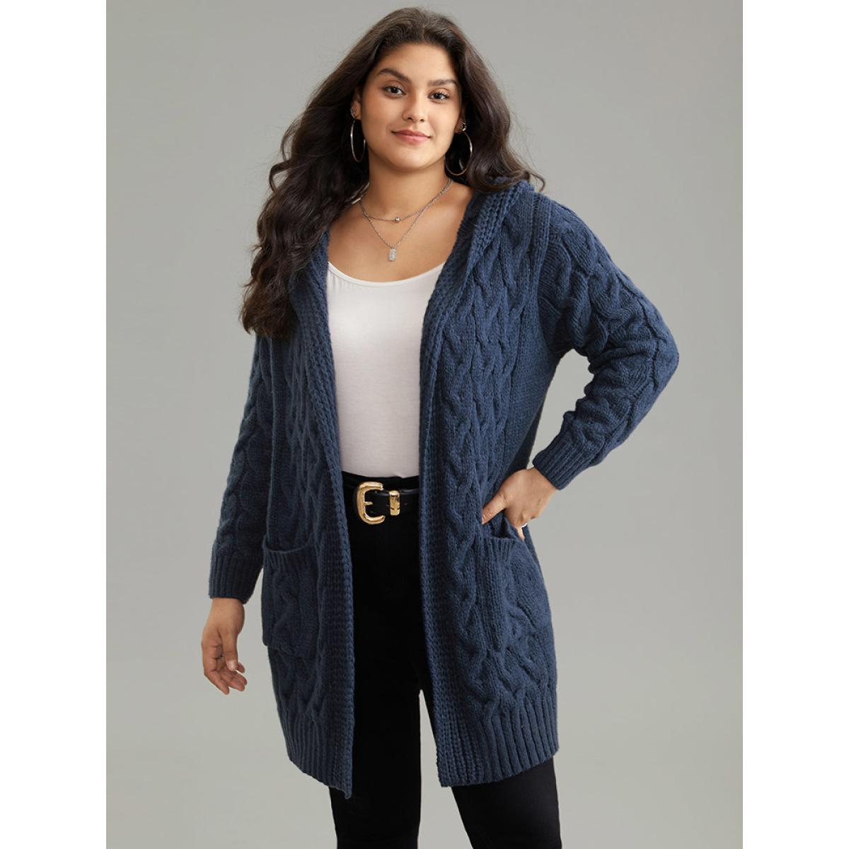 Plus Size Cable Knit Texture Pocket Hooded Cardigan Midnight Women Casual Loose Long Sleeve Dailywear Cardigans BloomChic 30/6X Product Image