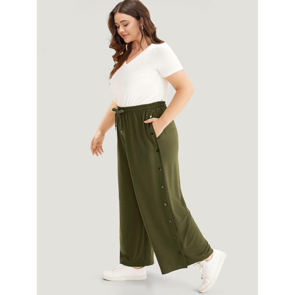 Plain Pocket Elastic Waist Button Detail Drawstring Sweatpants ArmyGreen Plus Size Women Casual Dailywear Plain 22-24/3X Bloomchic Product Image