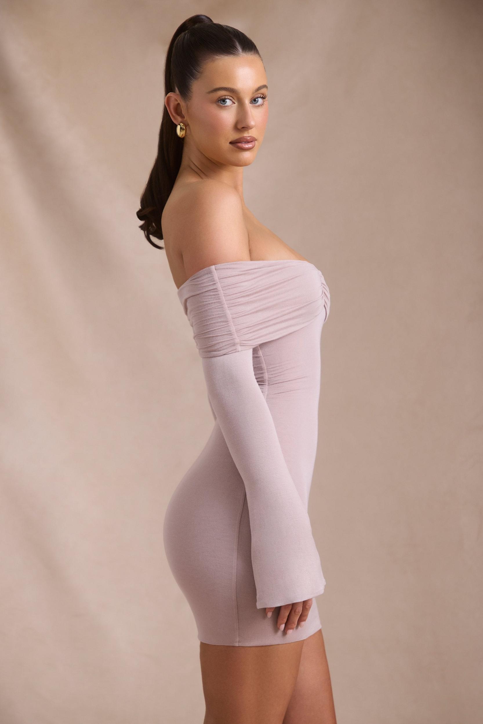 Modal-Cashmere Blend Off-Shoulder Ruched Mini Dress in Taupe Product Image