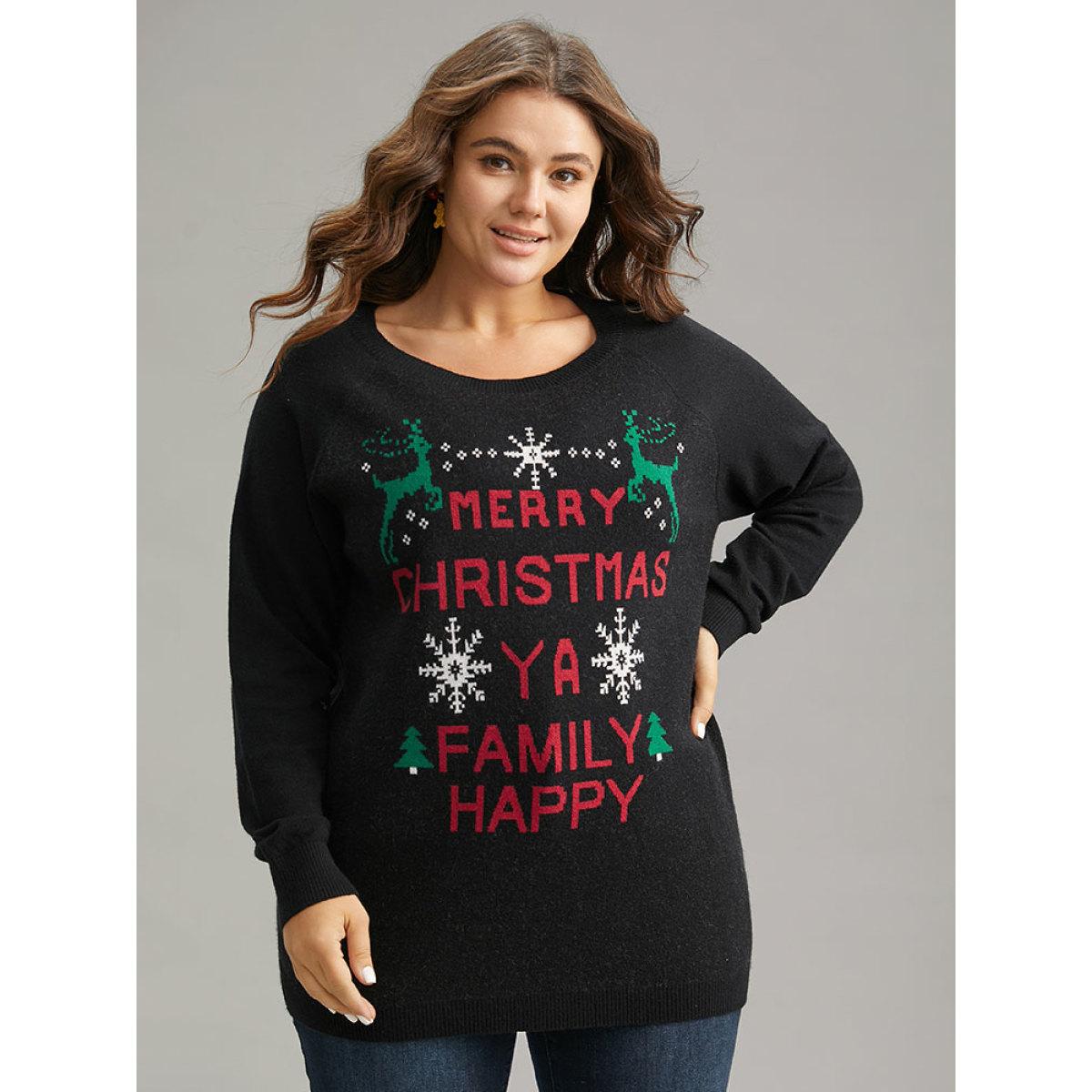 Plus Size Supersoft Essentials Christmas Elk Letter Crew Neck Pullover Black Women Casual Long Sleeve Round Neck Festival-Christmas Pullovers BloomChic 28/5X Product Image