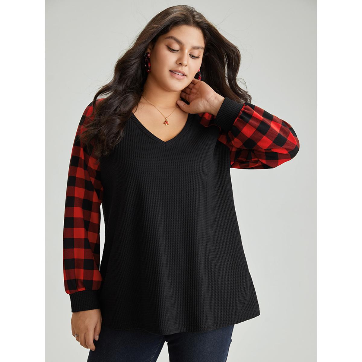 Plus Size Waffle Knit Plaid Patchwork Raglan Sleeve T-shirt Black Women Casual Waffle Knit Plaid V-neck Festival-Christmas T-shirts BloomChic 12/L Product Image