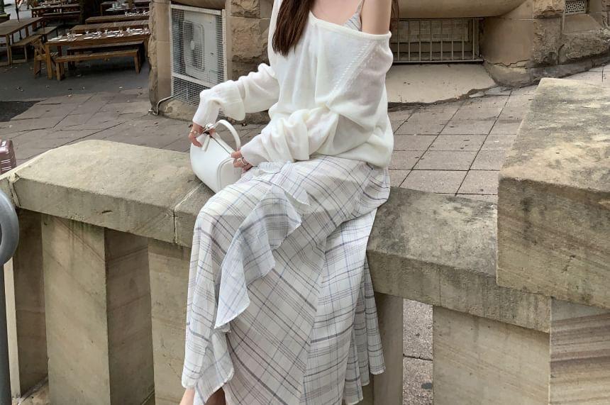 Spaghetti Strap Plaid Asymmetrical Ruffle Trim Midi A-Line Dress Product Image