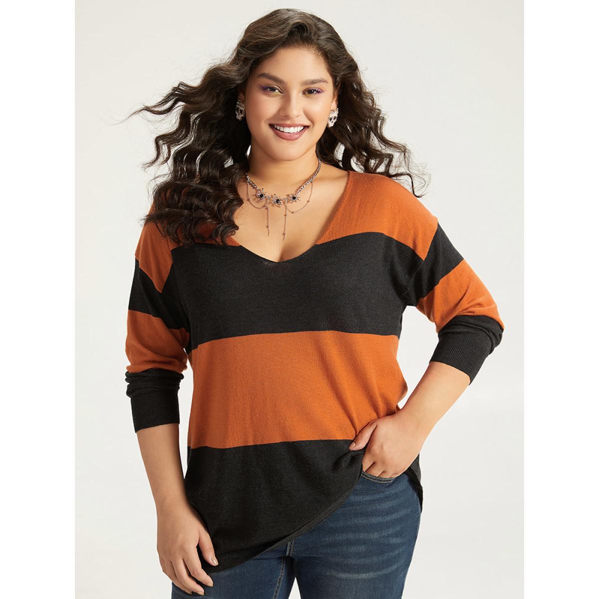 Plus Size Halloween Supersoft Essentials Colorblock Contrast Elastic Cuffs Pullover Orange Women Casual Loose Long Sleeve V-neck Everyday Pullovers BloomChic 12/L Product Image