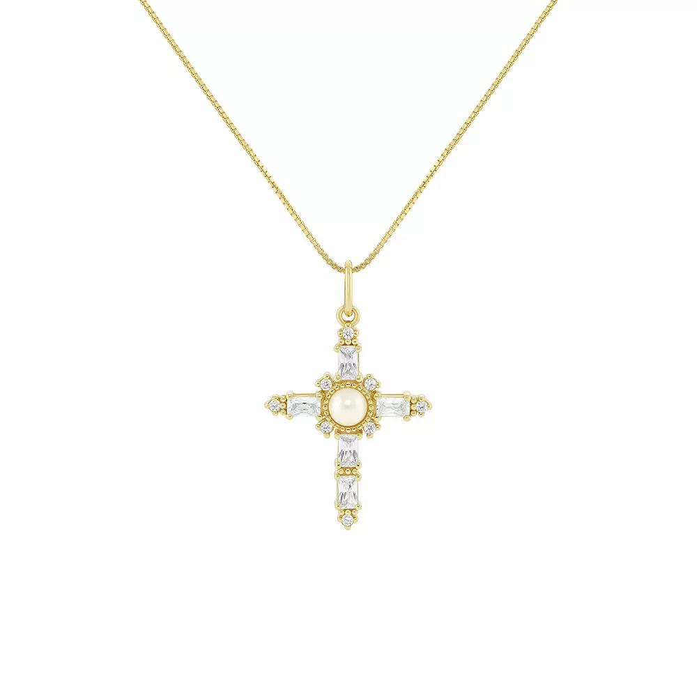 PRIMROSE Sterling Silver Simulated Pearl & Pave Cubic Zirconia Cross Box Chain Pendant Necklace, Women's, Size: 18", Gold Tone Product Image