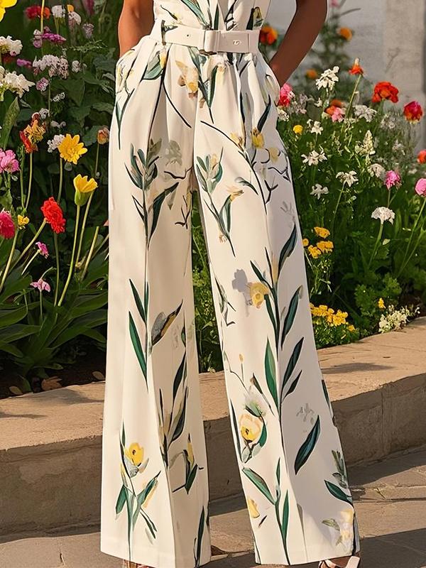 Sleeveless Wide Leg No Belt Pleated Printed Split-Joint V-Neck Jumpsuits Product Image