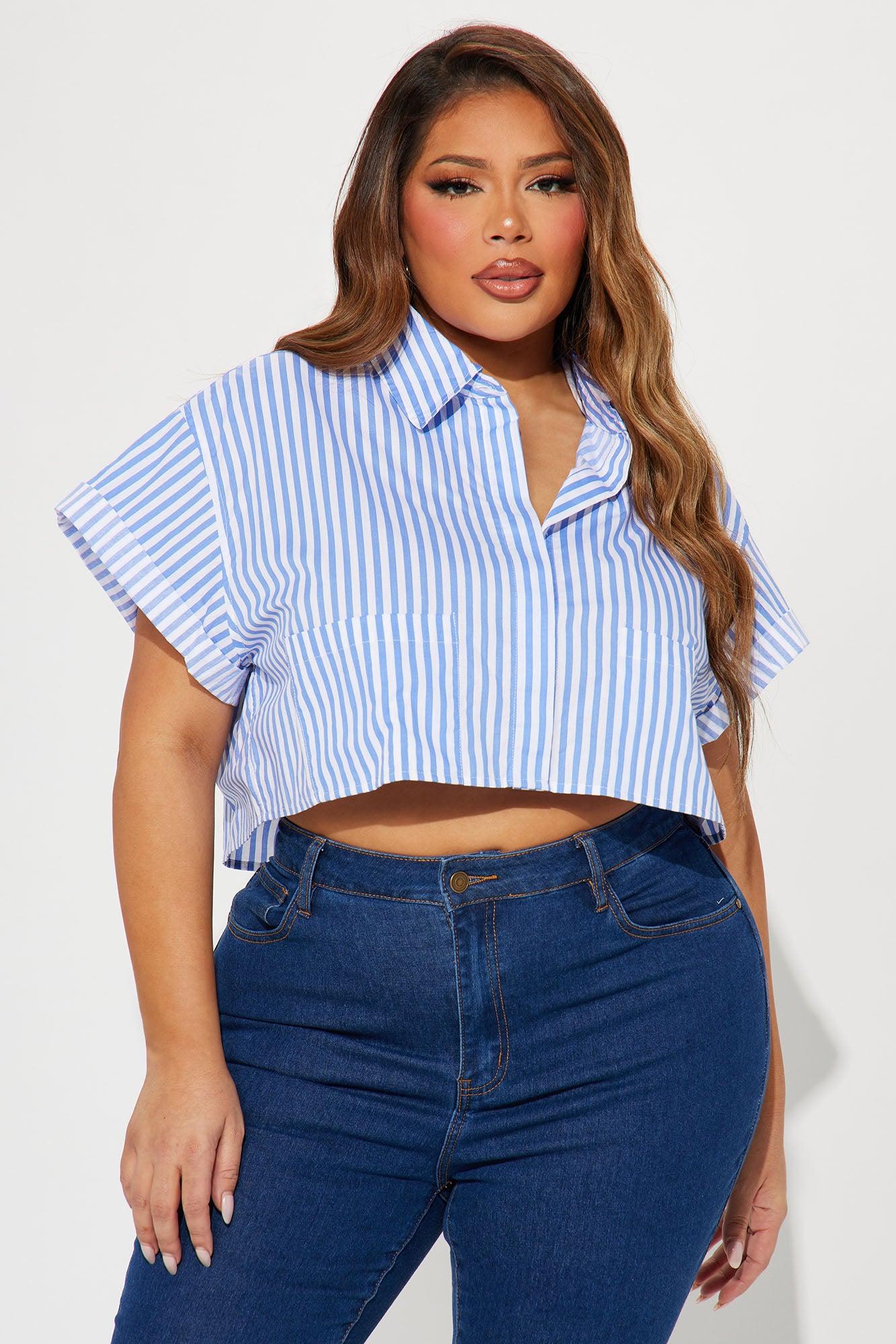 Beachside Babe Striped Shirt - White/Blue Product Image