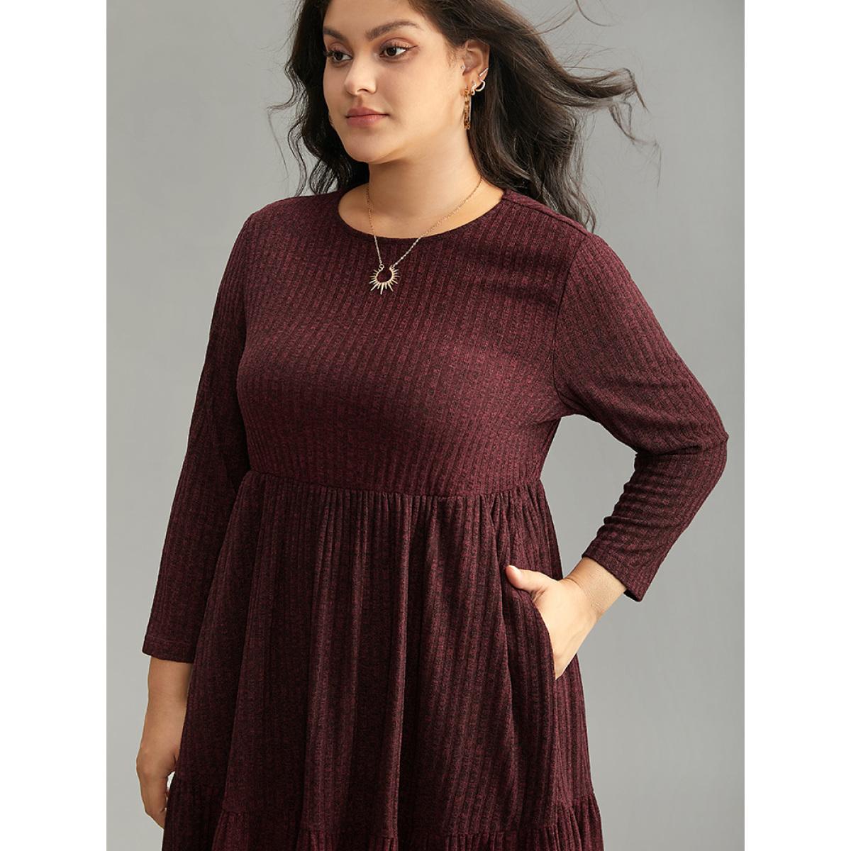 Plus Size Rib Knit Round Neck Ruffle Layered Hem Dress Raspberry Women Casual Texture Round Neck Long Sleeve Curvy Knee Dress BloomChic 10/M Product Image