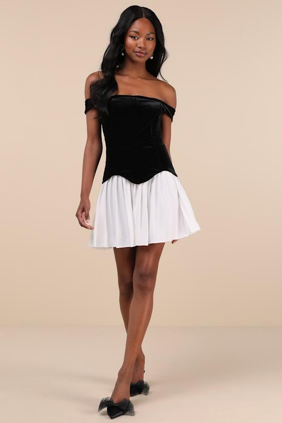 Savannah Black and White Off-the-Shoulder Mini Dress Product Image