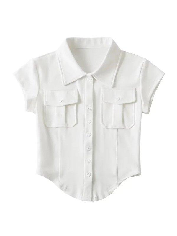 Front Pocket Buttoned Cropped Blouse Product Image