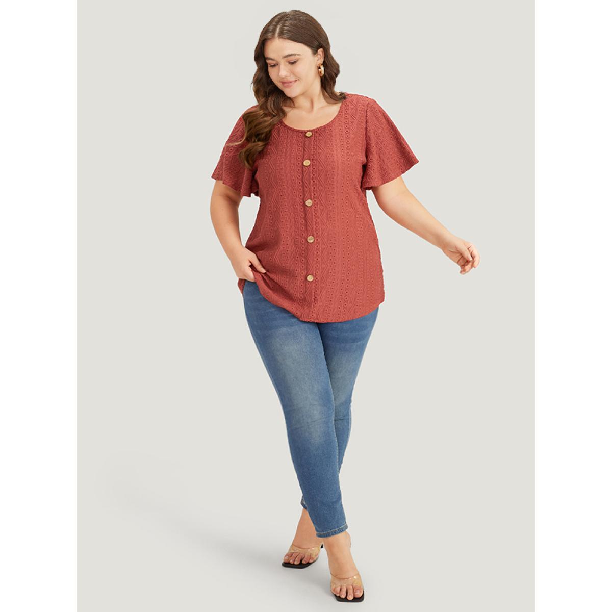 Plus Size Embroidered Button Detail Crew Neck Flutter Sleeve T-shirt Rust Women Elegant Texture Plain Round Neck Dailywear T-shirts BloomChic 18-20/2X Product Image