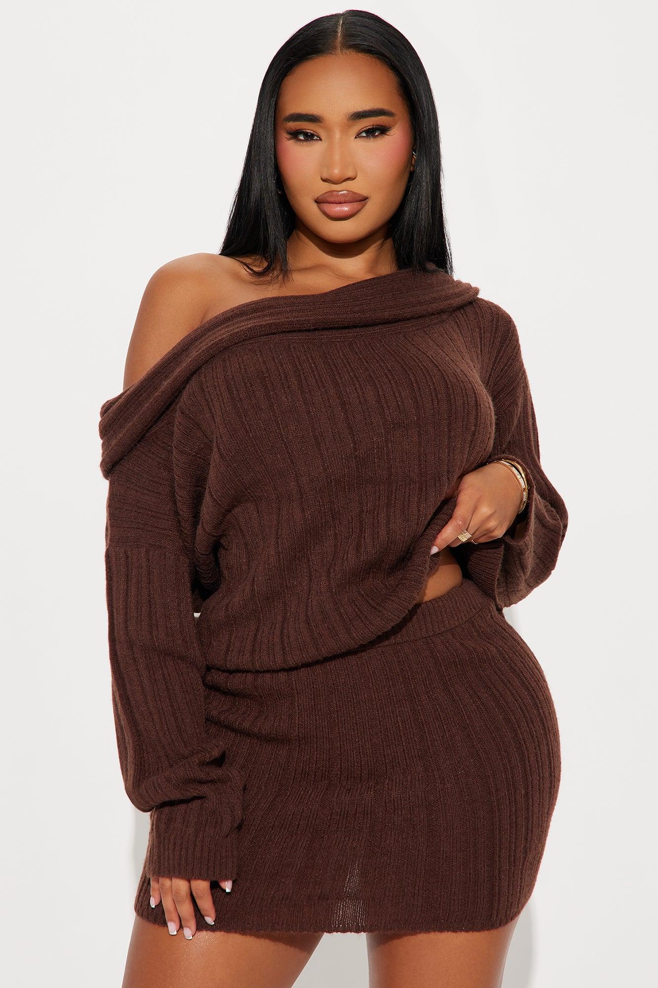 Lia Off Shoulder Sweater Skirt Set - Chocolate Product Image