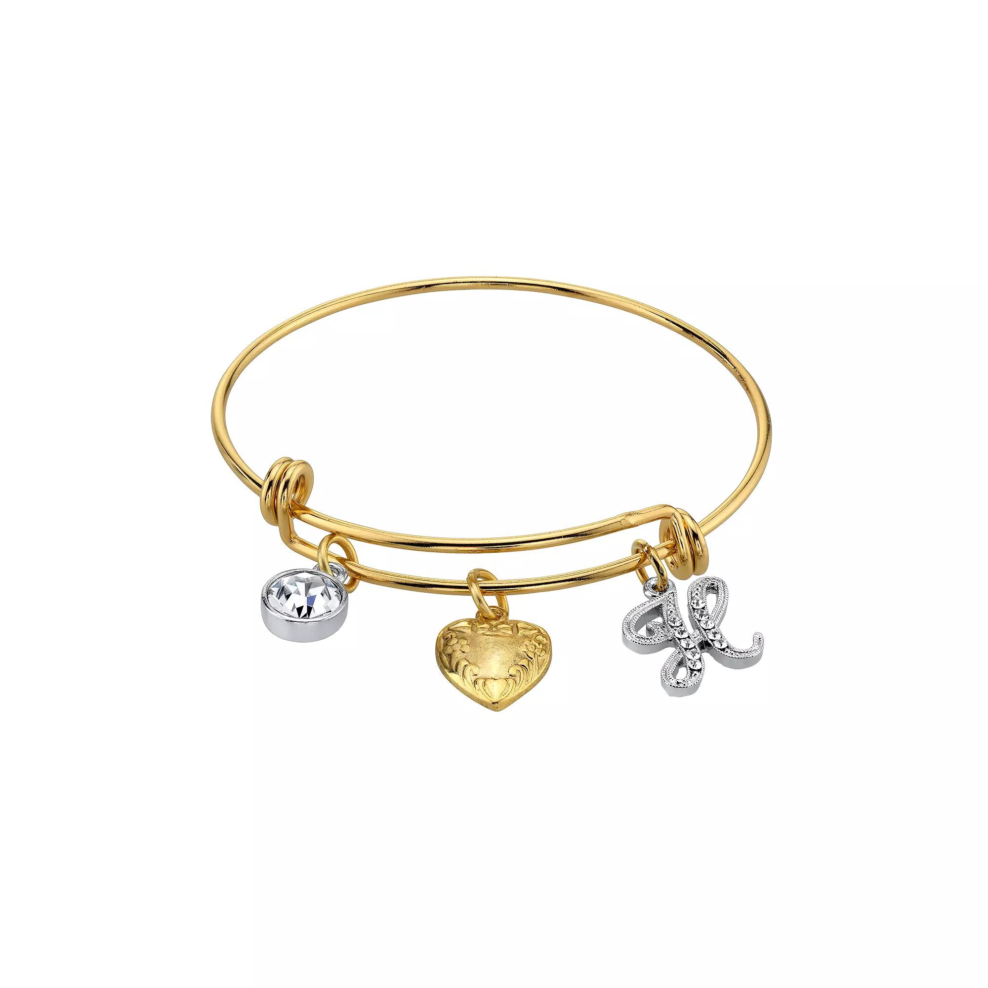 1928 Two Tone Crystal, Heart & Initial Charm Bangle Bracelet, Womens Product Image
