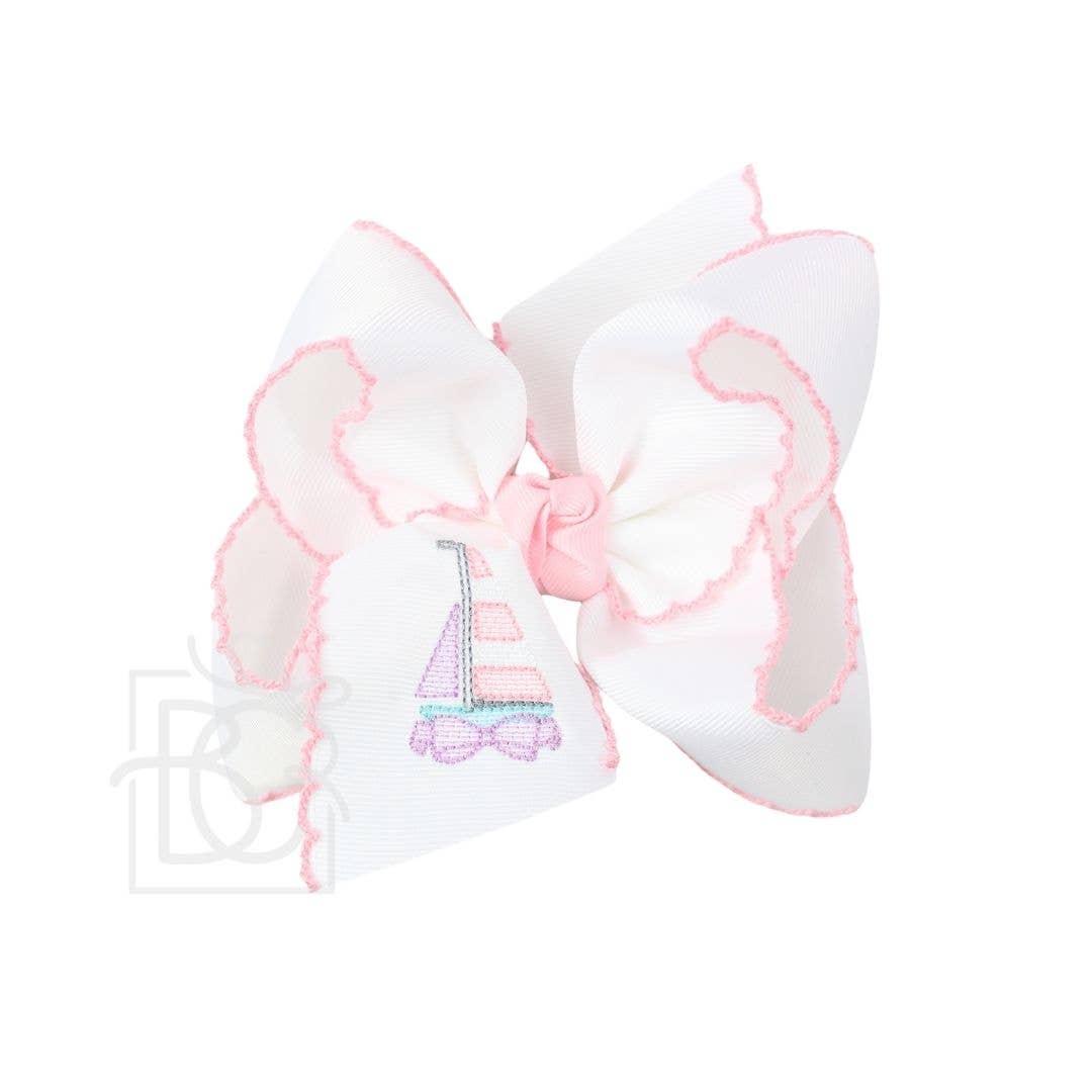 EMBROIDERED SAILBOAT CROCHET EDGE BOW: White w/ Light Pink Crochet Edge / 4.5" Large Product Image