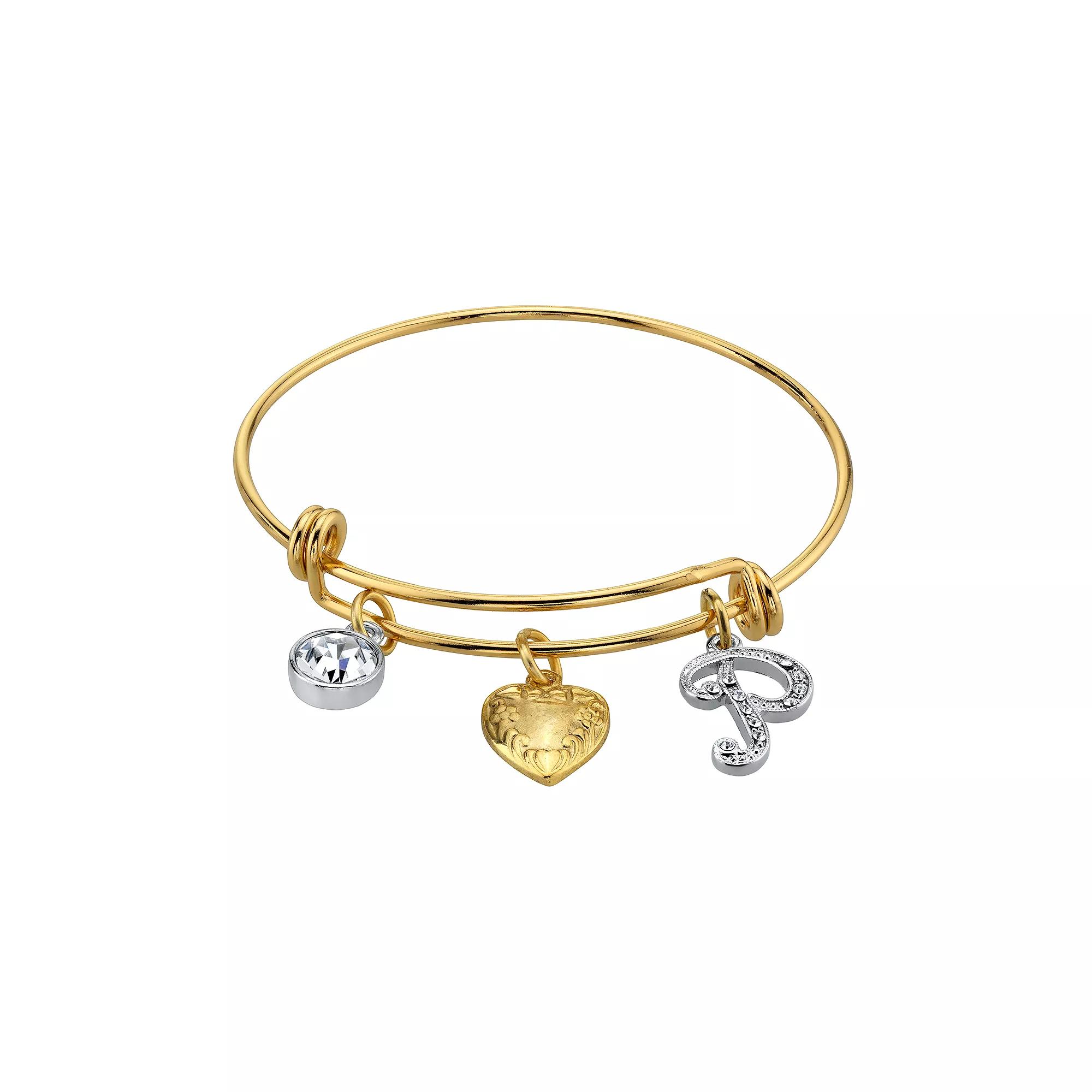 1928 Two Tone Crystal, Heart & Initial Charm Bangle Bracelet, Womens Product Image