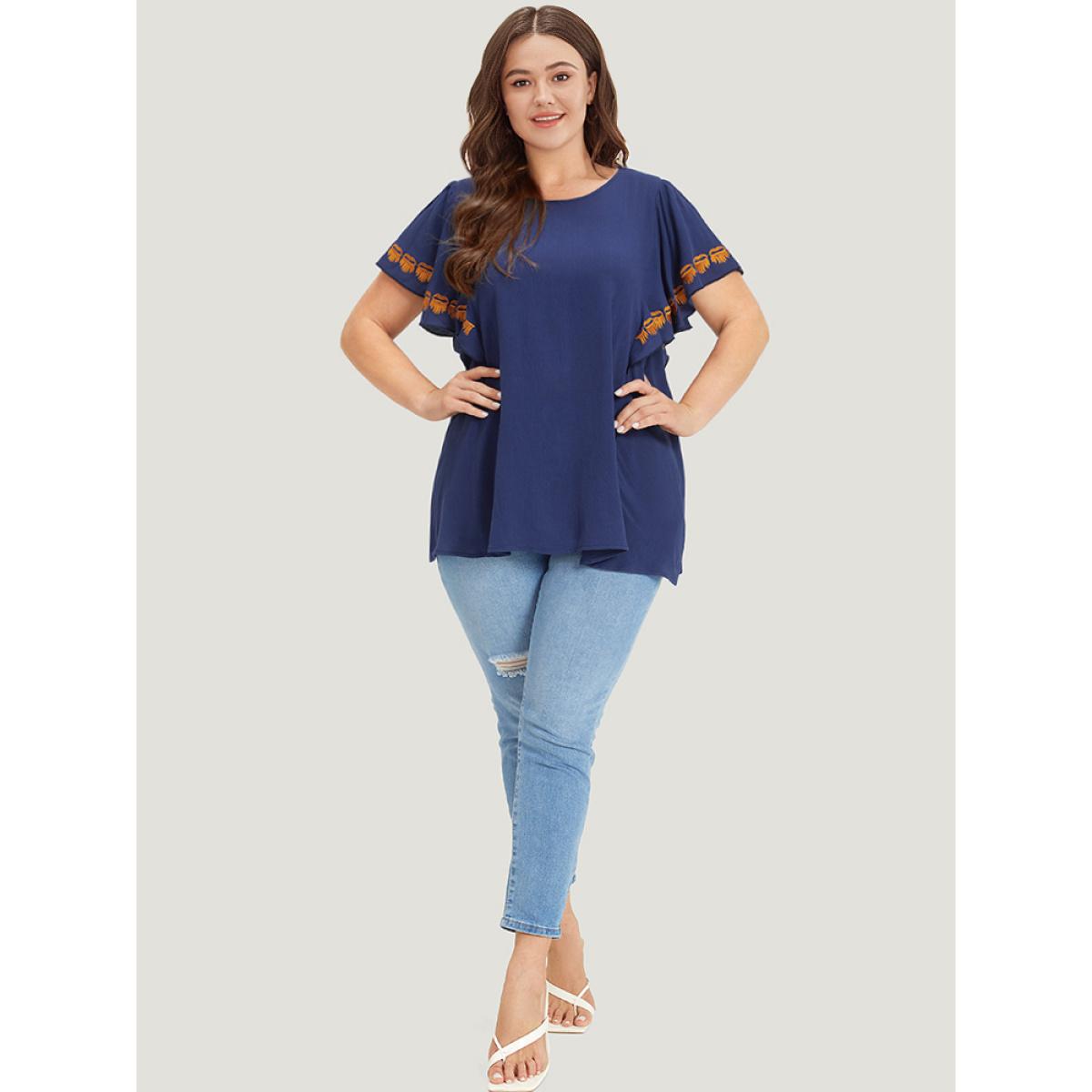 Plus Size Indigo Contrast Embroidered Ruffle Trim Crew Neck Blouse Women Elegant Short sleeve Round Neck Dailywear Blouses BloomChic 14-16/1X Product Image