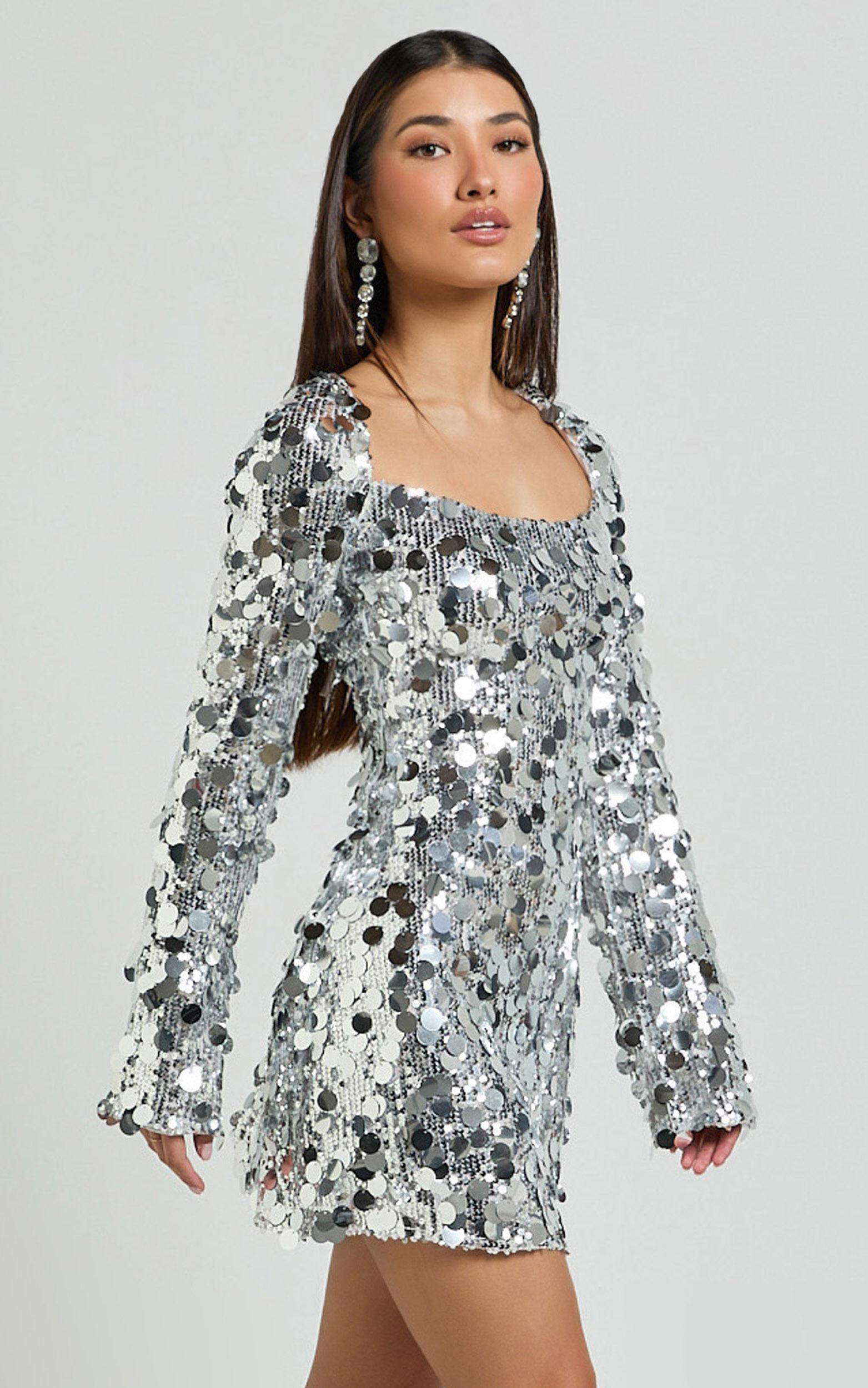 Selena Mini Dress - Flare Sleeve Disc Sequin Dress in Silver Product Image