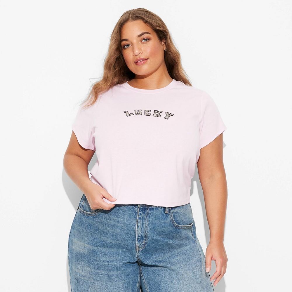 Women's "Lucky" Short Sleeve Graphic Baby T-Shirt - Pink 1X: Zoe+Liv, Embroidered Detail Product Image