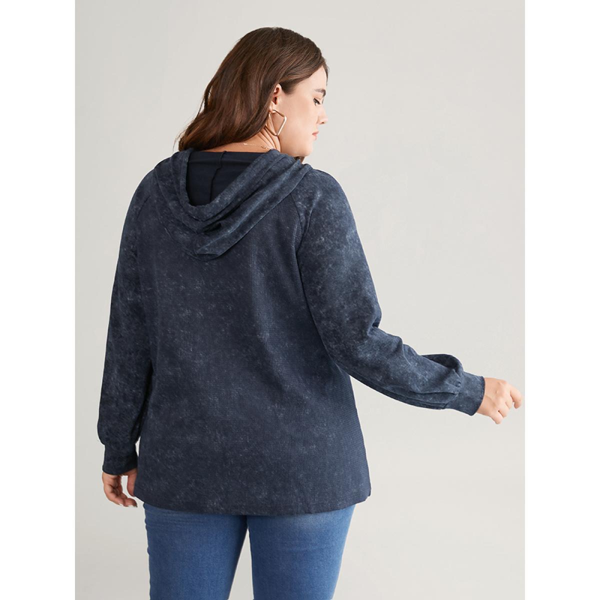 Plus Size Vintage Waffle Knit Kangaroo Pocket Sweatshirt Women Indigo Casual Waffle Knit Hooded Everyday Sweatshirts BloomChic 12/L Product Image