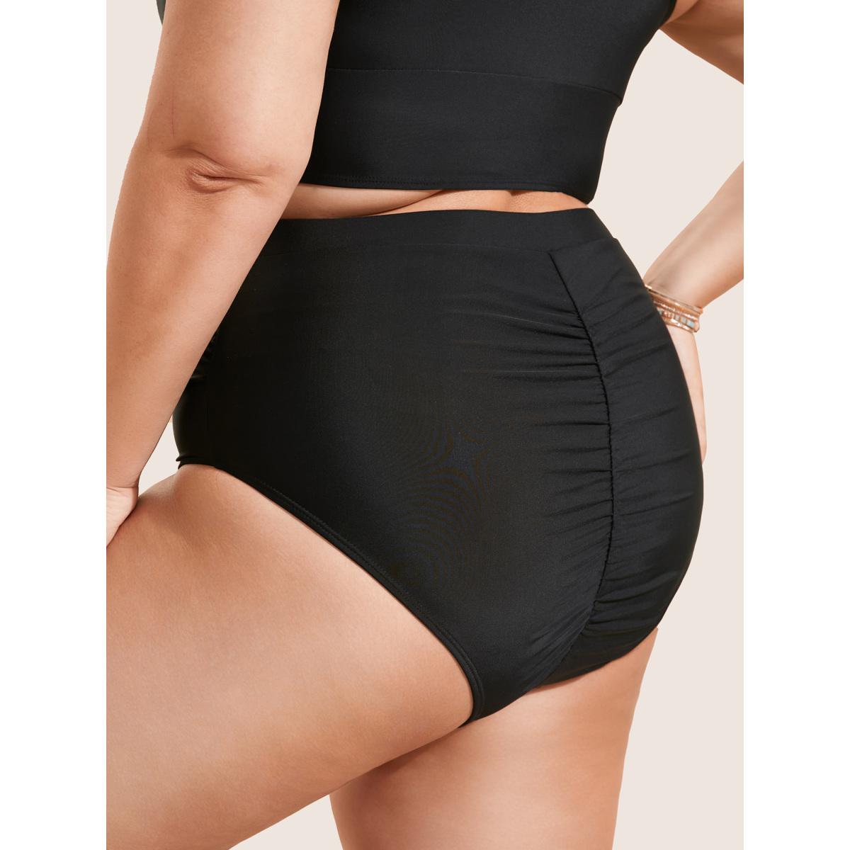 Plus Size Plain Ruched High Rise Swim Bottom Women's Swimwear Black Beach Gathered High stretch Skinny High Rise Curve Swim Bottoms BloomChic 18-20/2X Product Image