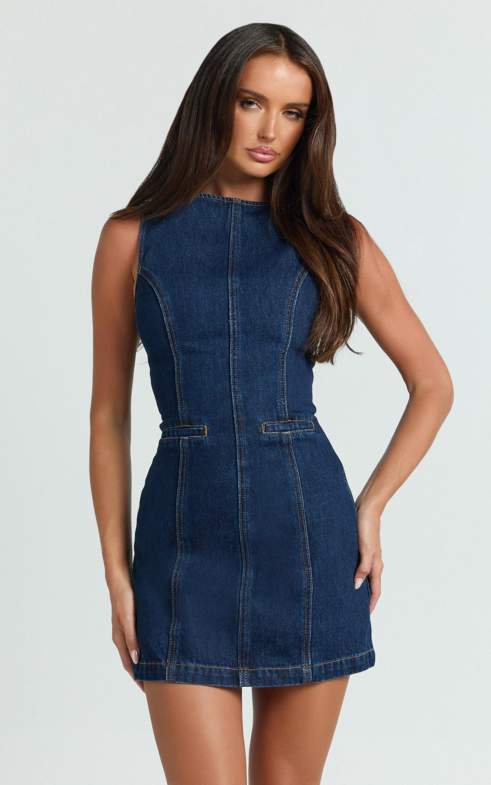 Olenna Mini Dress - High Neck Fitted Denim Dress in Indigo Wash Product Image