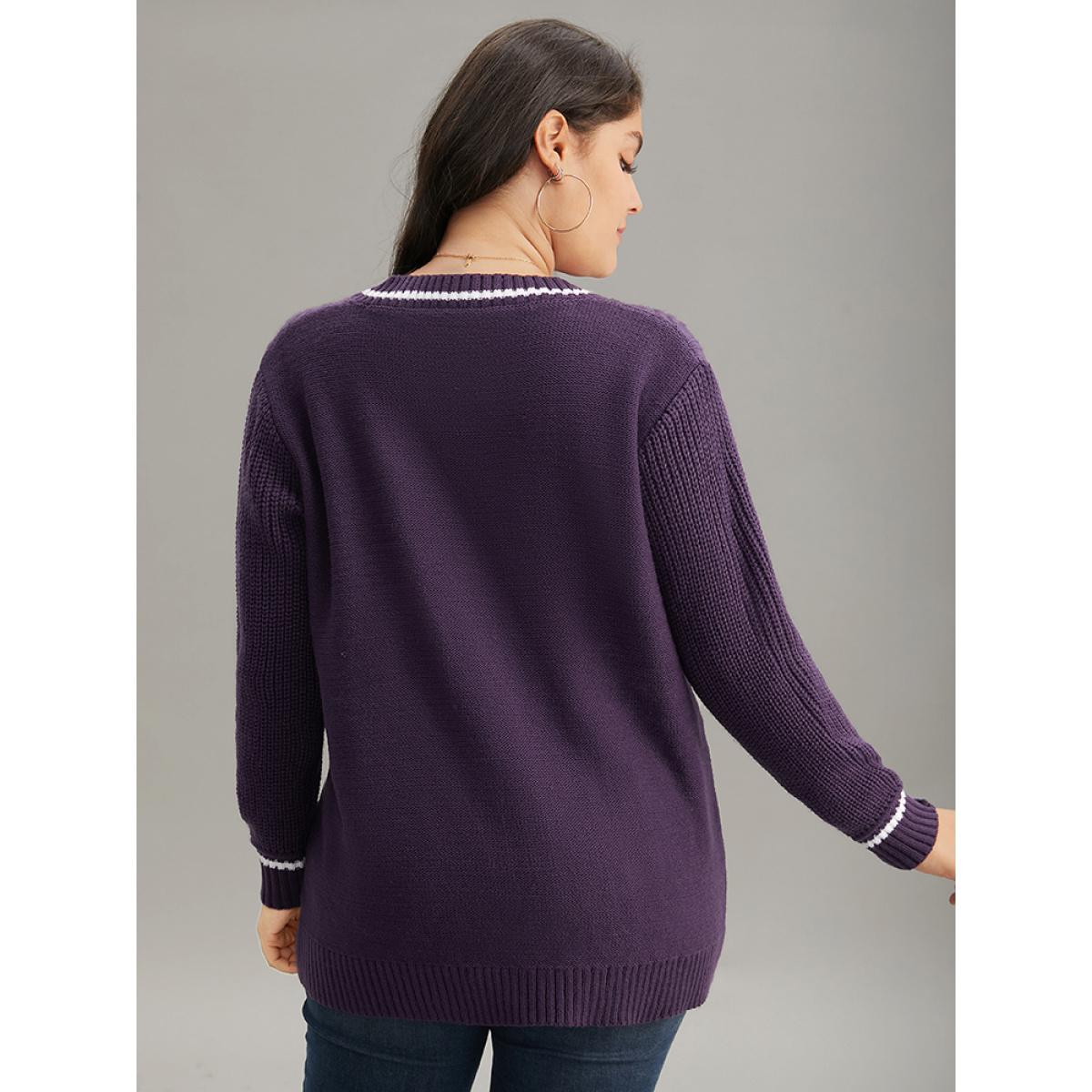 Plus Size Plain Texture Contrast V Neck Cable Knit Pullover Eggplant Women Casual Loose Long Sleeve V-neck Dailywear Pullovers BloomChic 10/M Product Image