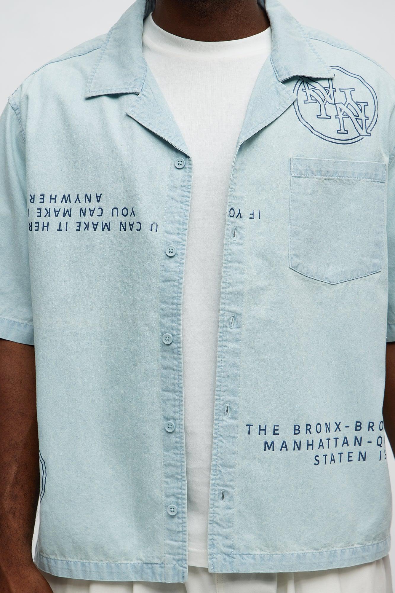 Denim Cuban Collar Button Up Shirt - Light Blue Wash Male Product Image