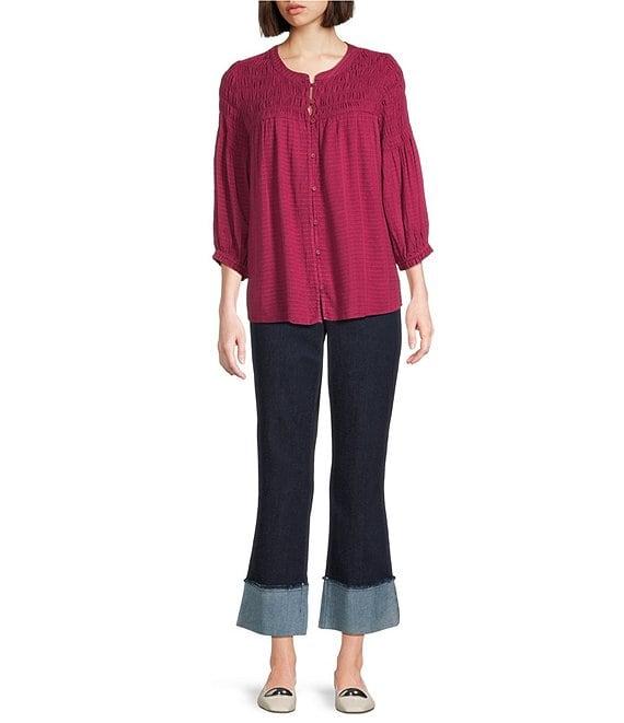 Intro Crinkle Gauze Crew Neck 3/4 Sleeve Smocked Romantic Button-Front Blouse Product Image