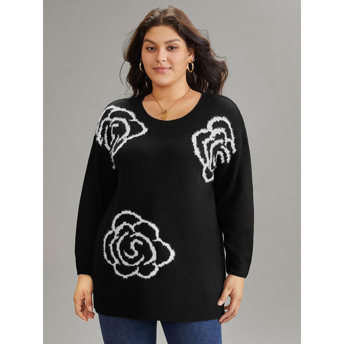 Plus Size Floral Print Two Tone Drop Shoulder Pullover Black Women Casual Loose Long Sleeve Round Neck Dailywear Pullovers BloomChic 12/L Product Image