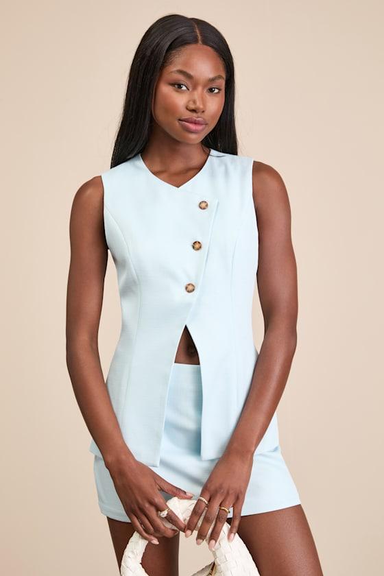 Teslee Light Blue Textured Asymmetrical Vest Top Product Image